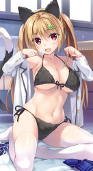 Rule 34 | 1girl, akabei soft 2, animal ears, bikini, blonde hair, blush, breasts, cat ears, cat tail, cleavage, clover hair ornament, fake animal ears, front-tie bikini top, front-tie top, gym storeroom, hair between eyes, hair ornament, hairband, ichizyou tamaki, indoors, jacket, large breasts, long hair, looking at viewer, navel, official art, open clothes, open jacket, open mouth, oryo (oryo04), oryo classmate collection, red eyes, side-tie bikini bottom, sitting, solo, swimsuit, tail, thighhighs, thighs, twintails, white thighhighs, yokozuwari