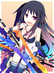 Rule 34 | &gt;:d, 1girl, :d, arm warmers, bare shoulders, between breasts, black bra, black hair, black thighhighs, blue hair, blue shorts, bra, breasts, brown hair, cleavage, collarbone, dual wielding, elbow sleeve, energy sword, gradient hair, holding, ichiyan, large breasts, long hair, looking at viewer, multicolored hair, necktie, open clothes, open mouth, open shirt, original, over-kneehighs, purple eyes, red necktie, shirt, shorts, sleeveless, smile, solo, sword, symbol-shaped pupils, thighhighs, underwear, v-shaped eyebrows, weapon, white shirt