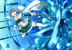 Rule 34 | 10s, 1girl, action, attack, bad id, bad pixiv id, blue eyes, blue hair, cape, detached sleeves, gloves, hair ornament, hairclip, highres, hydrokinesis, mahou shoujo madoka magica, mahou shoujo madoka magica (anime), matching hair/eyes, miki sayaka, open mouth, skirt, solo, soudayu, sword, thighhighs, water, weapon, white gloves, white thighhighs, zettai ryouiki