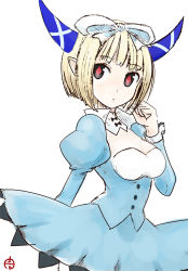 Rule 34 | 10s, 1girl, bell (control), blonde hair, bow, c (control), horns, itsukage, pointy ears, ribbon, short hair, simple background, solo, symbol-shaped pupils
