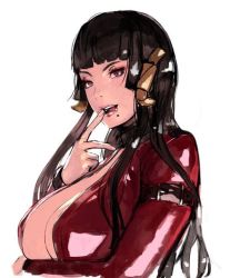 Rule 34 | 1girl, bad id, bad twitter id, black hair, blunt bangs, breast hold, breasts, cleavage, dead or alive, dead or alive 5, eyeshadow, hair ornament, hime cut, huge breasts, large breasts, licking lips, lips, long hair, makeup, mole, mole under mouth, naughty face, no bra, nyotengu, sideboob, solo, take no ko (dodon), tongue, tongue out