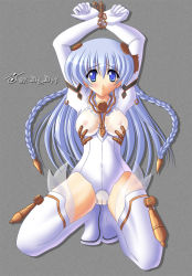 Rule 34 | 1girl, ar tonelico, ar tonelico i, armpits, arms up, bdsm, blue eyes, blush, bodysuit, bondage, boots, bound, bound wrists, braid, breasts, cameltoe, chain, clenched hands, covered navel, crossed arms, eyebrows, full body, gloves, grey background, hair between eyes, hair ornament, hip focus, kneeling, lace, leotard, long hair, looking at viewer, nipples, puffy sleeves, pussy, raised eyebrows, see-through, shadow, shurelia (ar tonelico), silver hair, simple background, solo, spread legs, thigh boots, thighhighs, tiptoes, twin braids, very long hair, white footwear, white thighhighs
