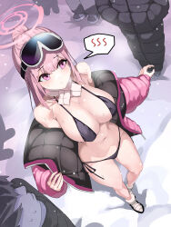 Rule 34 | 1girl, absurdres, bare shoulders, bikini, black bikini, blue archive, blush, breasts, closed mouth, eimi (blue archive), eimi (swimsuit) (blue archive), full body, goggles, goggles on head, halo, highres, jacket, large breasts, long hair, multiple others, navel, off shoulder, official alternate costume, open clothes, open jacket, padded jacket, pink eyes, pink hair, pink halo, pink jacket, ponytail, saturn (pixiv 89737999), scarf, side-tie bikini bottom, ski goggles, snow, snowing, string bikini, sweat, swimsuit