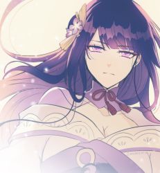 Rule 34 | 1girl, annerica, breasts, cleavage, closed mouth, flower, genshin impact, hair flower, hair ornament, highres, japanese clothes, kimono, large breasts, light particles, long hair, looking at viewer, mole, mole under eye, purple eyes, purple flower, purple hair, raiden shogun, ribbon, simple background, solo, tassel, white background