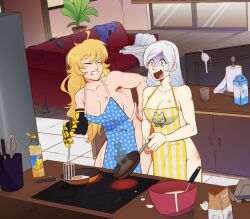 Rule 34 | 2girls, aftersex, apron, blonde hair, blue eyes, breasts, cleavage, cooking, couch, couple, egg, food, gcho, highres, large breasts, lipstick mark, lipstick mark on breast, lipstick mark on face, multiple girls, muscular, muscular female, naked apron, pancake, prosthesis, prosthetic arm, rwby, scar, slap mark, small breasts, smile, torn clothes, weiss schnee, white hair, yang xiao long, yuri