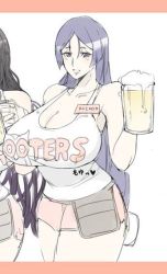 Rule 34 | 1girl, beer mug, breasts, cup, fate (series), hooters, huge breasts, minamoto no raikou (fate), mug, purple eyes, purple hair, romo (samesameyeah)