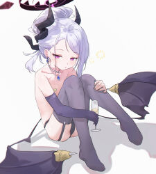 Rule 34 | 1girl, absurdres, bandaid, bandaids on nipples, black horns, black thighhighs, black wings, blue archive, blush, chromatic aberration, collarbone, commentary, cup, dangle earrings, demon horns, demon wings, earrings, flat chest, garter straps, grey hair, highres, hina (blue archive), hina (dress) (blue archive), horns, jewelry, long hair, looking at viewer, multiple horns, necklace, official alternate costume, official alternate hairstyle, parted lips, pasties, pendant, purple eyes, simple background, solo, thighhighs, white background, wings, xsan