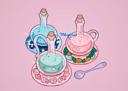 Rule 34 | artist name, flask, flower, handle, leaf, meyoco, no humans, on plate, original, pink background, pink flower, plate, potion, round-bottom flask, simple background, sparkle, spoon