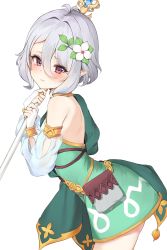 Rule 34 | 1girl, :s, antenna hair, bare shoulders, blush, bridal gauntlets, closed mouth, commentary request, cowboy shot, dorok, dress, elf, flower, from side, green dress, hair between eyes, hair flower, hair ornament, highres, holding, holding staff, kokkoro (princess connect!), leaf, leaning forward, looking at viewer, looking to the side, pointy ears, pouch, princess connect!, purple eyes, see-through, short dress, short hair, silver hair, solo, staff, tassel, white flower