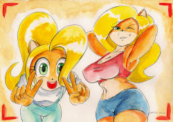 Rule 34 | 2girls, absurdres, armpits, arms behind head, blonde hair, breasts, coco bandicoot, crash bandicoot (series), double v, furry, green eyes, grin, highres, large breasts, leaning forward, long hair, midriff, multiple girls, navel, one eye closed, open mouth, overalls, ponytail, shirt, shorts, small breasts, smile, tank top, tawna bandicoot, traditional media, v, wink