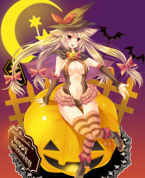 Rule 34 | 1girl, :d, animal ears, blonde hair, blush, bow, breasts, cape, crescent, detached sleeves, hair bow, halloween, happy halloween, jack-o&#039;-lantern, large breasts, long hair, looking at viewer, maki (seventh heaven maxion), open mouth, original, outstretched arm, red eyes, sitting, smile, solo, star (symbol), striped clothes, striped thighhighs, thighhighs, very long hair