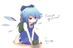 Rule 34 | 1girl, ahoge, anti-personnel mine, anti-personnel weapon, bad id, bad pixiv id, barefoot, blue eyes, blue hair, cirno, english text, explosive, hakomugi, highres, kneeling, komugi (2585199), m18 claymore mine, matching hair/eyes, mine (weapon), raised eyebrow, solo, squinting, touhou, uneven eyes, weapon, wings