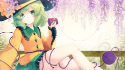 Rule 34 | 1girl, beige background, black hat, blurry, blush, bow, commentary request, cup, depth of field, feet out of frame, floral print, flower, frilled shirt collar, frills, gengetsu chihiro, green eyes, green hair, green skirt, hat, hat bow, head tilt, highres, holding, holding cup, komeiji koishi, long sleeves, looking at viewer, miniskirt, purple flower, shirt, sitting, skirt, smile, solo, string, thighs, third eye, touhou, wide sleeves, yellow bow, yellow shirt