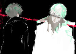 Rule 34 | 2boys, absurdres, arima kishou, black background, black coat, brown hair, closed mouth, coat, commentary request, from behind, glasses, highres, kaneki ken, kyuuba melo, male focus, multiple boys, red background, red eyes, short hair, tokyo ghoul, tokyo ghoul:re, white coat