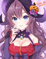 Rule 34 | 1girl, :3, artist name, bare shoulders, black hat, blue eyes, blush, breasts, brown hair, cleavage, closed mouth, collarbone, detached sleeves, halloween, hat, highres, ichinose shiki, idolmaster, idolmaster cinderella girls, jack-o&#039;-lantern, large breasts, long hair, long sleeves, signature, solo, upper body, witch hat, yui (spica)
