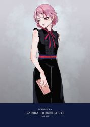 Rule 34 | 1girl, alternate costume, bag, black dress, character name, dress, eyelashes, giuseppe garibaldi (kancolle), gucci, handbag, highres, holding, holding bag, kantai collection, lips, multicolored hair, nail polish, parted lips, pink eyes, pink hair, red hair, red nails, simple background, sleeveless, sleeveless dress, solo, streaked hair, tocky