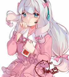 Rule 34 | 1girl, blue eyes, blush, bow, closed mouth, dress, eromanga sensei, grey hair, hair bow, hand up, headphones, headset, highres, holding, izumi sagiri, long hair, long sleeves, looking at viewer, low-tied long hair, natie (latte), pajamas, pink bow, pink dress, signature, simple background, solo, tears, upper body, white background, white hair