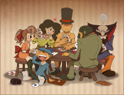 Rule 34 | 2girls, 4boys, aroma reinford, blush, card, child, don paolo, flora reinhold, hat, heart, hershel layton, holding, holding card, inspector chelmey, laughing, level-5, luke triton, multiple boys, multiple girls, nude, poker, professor layton, remi altava, shoes, unworn shoes, simple background, strip game, top hat, zillabean