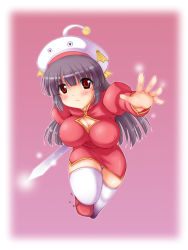Rule 34 | 1girl, blunt bangs, blush, breasts, brown hair, china dress, chinese clothes, cleavage, covered erect nipples, dress, female focus, full body, gradient background, hat, hime cut, hinnosuke, large breasts, long hair, panties, red eyes, simple background, solo, striped clothes, striped panties, sword, thighhighs, underwear, weapon, white thighhighs, zettai ryouiki