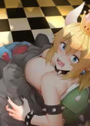 Rule 34 | 1boy, 1girl, back, black dress, black legwear, black nails, blonde hair, blue eyes, blush, bowsette, bracelet, breasts, brown hair, caught, checkered floor, collar, commentary, dress, earrings, english commentary, fingernails, from above, from behind, ginhaha, hair between eyes, horns, huge breasts, implied cunnilingus, jewelry, looking at viewer, looking back, mario, mario (series), nail polish, new super mario bros. u deluxe, nintendo, overalls, pointy ears, pov, princess peach, red shirt, saliva, shadow, sharp teeth, shiny skin, shirt, spiked bracelet, spiked collar, spiked shell, spikes, spread legs, strapless, strapless dress, super crown, teeth, under skirt