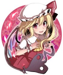 Rule 34 | 1girl, :d, asa (coco), ascot, blonde hair, blush, crystal, fang, flandre scarlet, frilled shirt collar, frills, hat, hat ribbon, laevatein, looking at viewer, mob cap, open mouth, outside border, puffy short sleeves, puffy sleeves, red eyes, ribbon, round image, short sleeves, side ponytail, skirt, skirt set, smile, solo, touhou, upper body, wings, wrist cuffs