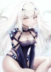 Rule 34 | 1girl, absurdres, blush, breasts, cleavage, essan0905, melusine (fate), fate/grand order, fate (series), highres, medium breasts, simple background, sitting, solo, white background, white hair, yellow eyes