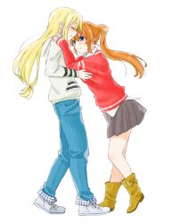 Rule 34 | 2girls, alternate costume, blonde hair, blue eyes, boots, brown hair, collared shirt, couple, denim, closed eyes, fate testarossa, hair ornament, hand on another&#039;s face, happy, highres, jeans, long hair, looking at another, lyrical nanoha, mahou shoujo lyrical nanoha, mahou shoujo lyrical nanoha a&#039;s, multiple girls, pants, pout, ribbon, shirt, shoes, side ponytail, skirt, smile, sneakers, sweater, takamachi nanoha, very long hair, yakisoba (artist), yuri