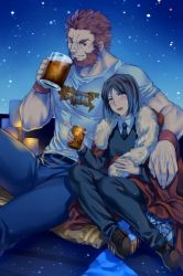 Rule 34 | 2boys, alcohol, beard, beer, beer can, beer mug, bishounen, black hair, blanket, blue eyes, blush, can, cape, casual, cup, denim, drink can, drunk, facial hair, fate/zero, fate (series), fur trim, highres, iskandar (fate), jeans, lalatia-meai, lamp, male focus, mug, multiple boys, necktie, night, night sky, pants, pillow, pointing, red hair, shirt, sitting, size difference, sky, soda can, sweater, t-shirt, waver velvet, wristband