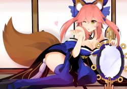 Rule 34 | 10s, 1girl, animal ears, bad id, bad pixiv id, blue thighhighs, bow, breasts, cleavage, detached sleeves, fate/extra, fate/grand order, fate (series), fox ears, fox tail, hair bow, hair ribbon, japanese clothes, large breasts, mush (mushlicious), one eye closed, pink hair, ribbon, solo, suiten nikkou amaterasu yanoshisu ishi, tail, tamamo (fate), tamamo no mae (fate/extra), thighhighs, yellow eyes