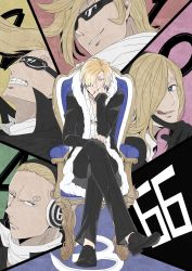 Rule 34 | 4boys, armchair, artist request, blonde hair, blue eyes, brother and sister, brothers, chair, head rest, formal, fur trim, glasses, goggles, hair over one eye, headphones, highres, jewelry, male focus, multiple boys, one piece, ring, sanji (one piece), siblings, sitting, source request, suit, sunglasses, tongue, tufted upholstery, vinsmoke family, vinsmoke reiju, vinsmoke yonji