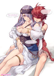 Rule 34 | 2girls, alternate costume, artist name, assisted exposure, bare legs, blindfold, bracelet, grabbing another&#039;s breast, breasts, camilla (fire emblem), cleavage, clothes lift, dress, dress lift, english text, female focus, fire emblem, fire emblem fates, fire emblem heroes, ge-b, grabbing, groping, guided breast grab, guided crotch grab, guiding hand, hair over one eye, headband, heart, highres, hinoka (fire emblem), jewelry, large breasts, long hair, multiple girls, nintendo, official alternate costume, pirate, purple eyes, purple hair, red hair, scarf, short hair, simple background, sitting, sound effects, speech bubble, thigh strap, thighs, twitter username, undressing, white scarf, yuri
