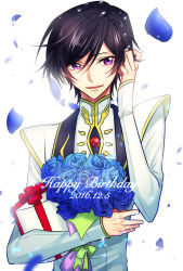 Rule 34 | 1boy, 2016, aphjapanlove0211, black hair, blue flower, bouquet, box, code geass, dated, flower, gift, gift box, hair between eyes, hand in own hair, happy birthday, highres, holding, holding bouquet, holding box, lelouch vi britannia, male focus, parted lips, petals, purple eyes, simple background, smile, solo, uniform, upper body, white background