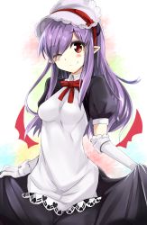 Rule 34 | 1girl, apron, blush, bonnet, bow, breasts, clothes lift, dress, elbow gloves, gloves, highres, long hair, one eye closed, pointy ears, pomnit, purple hair, red eyes, ribbon, skirt, skirt lift, smile, solo, summon night, summon night 4, white gloves, wink, yoshizawa tsubaki