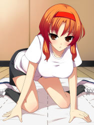 Rule 34 | 1girl, all fours, artist request, black shorts, black socks, blush, breasts, brown eyes, collarbone, d-frag!, female focus, futon, hairband, indoors, large breasts, leaning forward, looking at viewer, open mouth, orange hair, red hairband, shirt, shoes, short sleeves, shorts, sneakers, socks, solo, source request, takao (d-frag!), white footwear, white shirt, wooden floor
