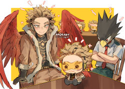 Rule 34 | +++, 2boys, animal head, belt, bird boy, black feathers, blonde hair, boku no hero academia, border, brown jacket, brown pants, character doll, collared shirt, costume, counter, crossed arms, epaulettes, expression request, facial hair, facial mark, feathered wings, feathers, fur-trimmed jacket, fur trim, gloves, goatee, hawks (boku no hero academia), headphones, indoors, jacket, kadeart, light blush, looking at object, male focus, multiple boys, necktie, notice lines, outside border, pants, red eyes, red feathers, red wings, rimless eyewear, school uniform, shirt, short hair, short sleeves, simple background, sitting, sitting on object, smile, stubble, table, tight clothes, tight shirt, tinted eyewear, tokoyami fumikage, twitter username, two-tone background, u.a. school uniform, white border, wing collar, wings, yellow background, yellow eyes