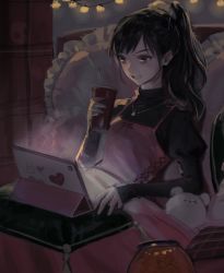 Rule 34 | 1girl, bag, black hair, black shirt, clenched teeth, copyright request, cup, dark, dress, hair ornament, hair scrunchie, hand up, handbag, highres, holding, holding cup, indoors, jewelry, juliet sleeves, long hair, long sleeves, necklace, oyabuli, pillow, pink dress, ponytail, puffy sleeves, reclining, scrunchie, shirt, sleeveless, sleeveless dress, solo, stuffed animal, stuffed toy, tablet pc, teddy bear, teeth