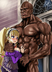 Rule 34 | 1boy, 1girl, :d, abs, age difference, asanagi, bald, blonde hair, blue eyes, blush, breasts, clothed female nude male, commission, dark-skinned male, dark skin, deep web underground, deep web underground (character), dress, hairband, heart, heart-shaped pupils, highres, large breasts, lolita hairband, long hair, looking at viewer, manly, muscular, nude, open mouth, parted lips, skeb commission, smile, symbol-shaped pupils, thick arms, twintails, veins, veiny arms, very long hair, virtual youtuber