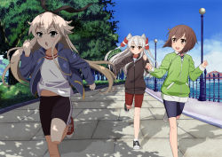Rule 34 | 10s, 3girls, :d, :o, alternate costume, amatsukaze (kancolle), bike shorts, blue sky, brown hair, bush, clenched hands, day, eyebrows, guard rail, gym shirt, hair ribbon, hair tubes, ironwork, jacket, kantai collection, lamppost, long hair, long sleeves, looking afar, looking at another, midriff peek, multiple girls, navel, open clothes, open jacket, open mouth, outdoors, pavement, railing, ribbon, road, round teeth, running, shadow, shimakaze (kancolle), shirt, shoelaces, shoes, short hair, shorts, silver hair, sky, smile, sneakers, socks, sunlight, t-shirt, teeth, track jacket, tree, w arms, water, yukikaze (kancolle), zipper, zuihou (hechen121)
