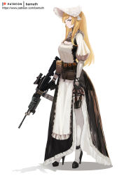Rule 34 | 1girl, assault rifle, bamuth, belt, black footwear, black gloves, blonde hair, bonnet, breasts, dress, explosive, full body, gloves, grenade, gun, high heels, highres, holding, holding gun, holding weapon, long hair, looking at viewer, original, pouch, rifle, thighhighs, weapon, white thighhighs, yellow eyes