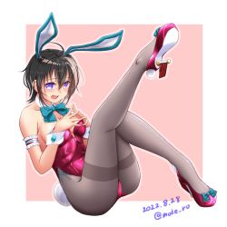 Rule 34 | 1girl, animal ears, armband, black hair, blue bow, blue bowtie, borrowed character, bow, bowtie, breasts, commentary request, commission, detached collar, full body, grey pantyhose, highres, leotard, medium breasts, moke ro, original, pantyhose, pink hair, playboy bunny, purple eyes, purple footwear, purple leotard, rabbit ears, rabbit tail, rudder footwear, short hair, skeb commission, solo, steepled fingers, strapless, strapless leotard, tail, thighband pantyhose, wrist cuffs