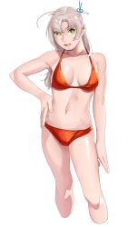 Rule 34 | 1girl, absurdres, bad id, bad twitter id, bikini, breasts, cowboy shot, cropped legs, feet out of frame, green eyes, grey hair, hair tie, hand on own hip, highres, kantai collection, kinugasa (kancolle), kinugasa kai ni (kancolle), long hair, medium breasts, ojipon, one side up, red bikini, ribbon, simple background, solo, swimsuit, white background