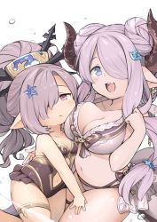 Rule 34 | 2girls, :d, arm around waist, bikini, black one-piece swimsuit, blue eyes, blush, breast rest, breasts, breasts on head, cleavage, clothing cutout, draph, frilled bikini, frills, frown, granblue fantasy, hair bun, hair ornament, hair over one eye, hairclip, harvin, high ponytail, highres, horns, iwao (pixiv258710), large breasts, long hair, low-tied long hair, multiple girls, narmaya (granblue fantasy), navel, navel cutout, niyon (granblue fantasy), one-piece swimsuit, open mouth, pointy ears, purple eyes, purple hair, single hair bun, small breasts, smile, swimsuit, very long hair, white background, white bikini