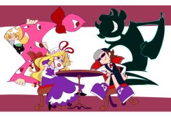 Rule 34 | 1boy, 2girls, animal ears, blonde hair, bow, bowtie, brown hair, cat, chair, chen, chen (cat), crossover, dress, elbow gloves, fox ears, fox tail, full body, gap (touhou), gloves, hair bow, hair ornament, hand fan, hat, hat ribbon, hokuto (scichil), long hair, long sleeves, looking at another, mob cap, multiple girls, multiple tails, mzd, pants, parody, pop&#039;n music, puffy sleeves, purple dress, purple eyes, ribbon, shirt, shoes, short hair, short sleeves, simple background, sitting, smirk, sneakers, style parody, sunglasses, table, tail, touhou, vest, white gloves, yakumo ran, yakumo yukari