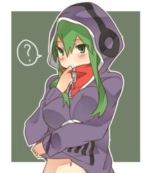 Rule 34 | 1girl, blush, breasts, green eyes, green hair, hood, hoodie, kagerou project, kido tsubomi, large breasts, long hair, lowres, matching hair/eyes, mikagelove, solo