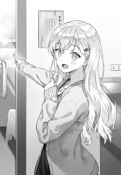 1girl ayase_saki blush cardigan commentary_request door dress earrings gimai_seikatsu greyscale hair_ornament hairclip highres hiten_(hitenkei) jewelry long_hair looking_at_viewer monochrome novel_illustration official_art open_mouth pointing second-party_source sleeves_past_wrists solo upper_body