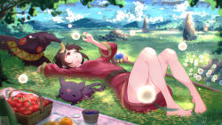 Rule 34 | 1girl, artist name, ass, barefoot, belt, black hair, blueberry, bottle, breasts, cat, chomusuke, cloud, convenient censoring, dandelion, day, dress, feet, flower, food, fork, fruit, grass, hat, highres, holding, holding flower, kono subarashii sekai ni shukufuku wo!, legs, long sleeves, lying, mage staff, megumin, mountainous horizon, on back, on grass, on ground, orange (fruit), outdoors, parted lips, rainbow 1153683794, red dress, red eyes, rock, short dress, short hair, sky, small breasts, spoon, strawberry, table, thighs, toes, tree, unworn hat, unworn headwear, witch hat