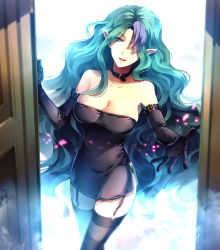 Rule 34 | 1girl, aqua eyes, aqua hair, black gloves, black thighhighs, breasts, choker, cleavage, dress, elbow gloves, garter straps, gloves, hair over one eye, highres, large breasts, light particles, long hair, misery (outer zone), multicolored hair, open door, open mouth, outer zone, pointy ears, purple hair, reaching, short dress, smile, smoke, solo, sunakumo, thighhighs, two-tone hair, wavy hair, zettai ryouiki, zipper