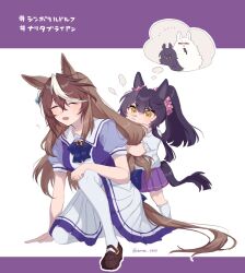 Rule 34 | 3girls, puff of air, aged down, animal ears, bandaid, bandaid on face, bandaid on nose, biwa hayahide (umamusume), black hair, blush, bow, bowtie, breasts, brown footwear, brown hair, child, closed eyes, closed mouth, highres, holding hands, horse ears, horse girl, horse tail, multicolored hair, multiple girls, narita brian (umamusume), on one knee, open mouth, ponytail, puffy short sleeves, puffy sleeves, purple shirt, purple skirt, renma (renma 0503), sailor collar, school uniform, shirt, shoes, short sleeves, skirt, small breasts, socks, standing, streaked hair, summer uniform, symboli rudolf (umamusume), tail, thighhighs, thought bubble, tracen school uniform, twitter username, umamusume, white shirt, white skirt, white socks, white thighhighs, yellow eyes