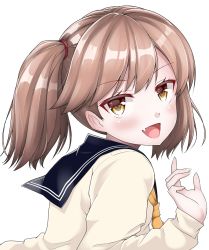 Rule 34 | 10s, 1girl, alternate costume, arched back, arm at side, blush, bow, breasts, brown hair, colored eyelashes, commentary request, fang, from side, hair between eyes, hair bow, kantai collection, kirigakure (kirigakure tantei jimusho), leaning forward, looking at viewer, no headwear, open mouth, ryuujou (kancolle), school uniform, serafuku, simple background, skin fang, small breasts, solo, tongue, twintails, upper body, yellow eyes