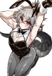 Rule 34 | 1boy, ahoge, animal ears, arm behind head, armpits, arms up, black gloves, blush, bulge, closed mouth, dragon tail, fake animal ears, fate/apocrypha, fate (series), gloves, grey hair, hair between eyes, haoro, kneeling, leotard, male focus, pantyhose, pectoral cleavage, pectorals, playboy bunny, rabbit ears, red eyes, sieg (fate), sketch, solo, sweat, tail, trap